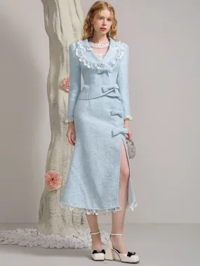 Jacket＆Long-Skirt Ribbon Slit Lace Frill Feminine Suit Set-Up