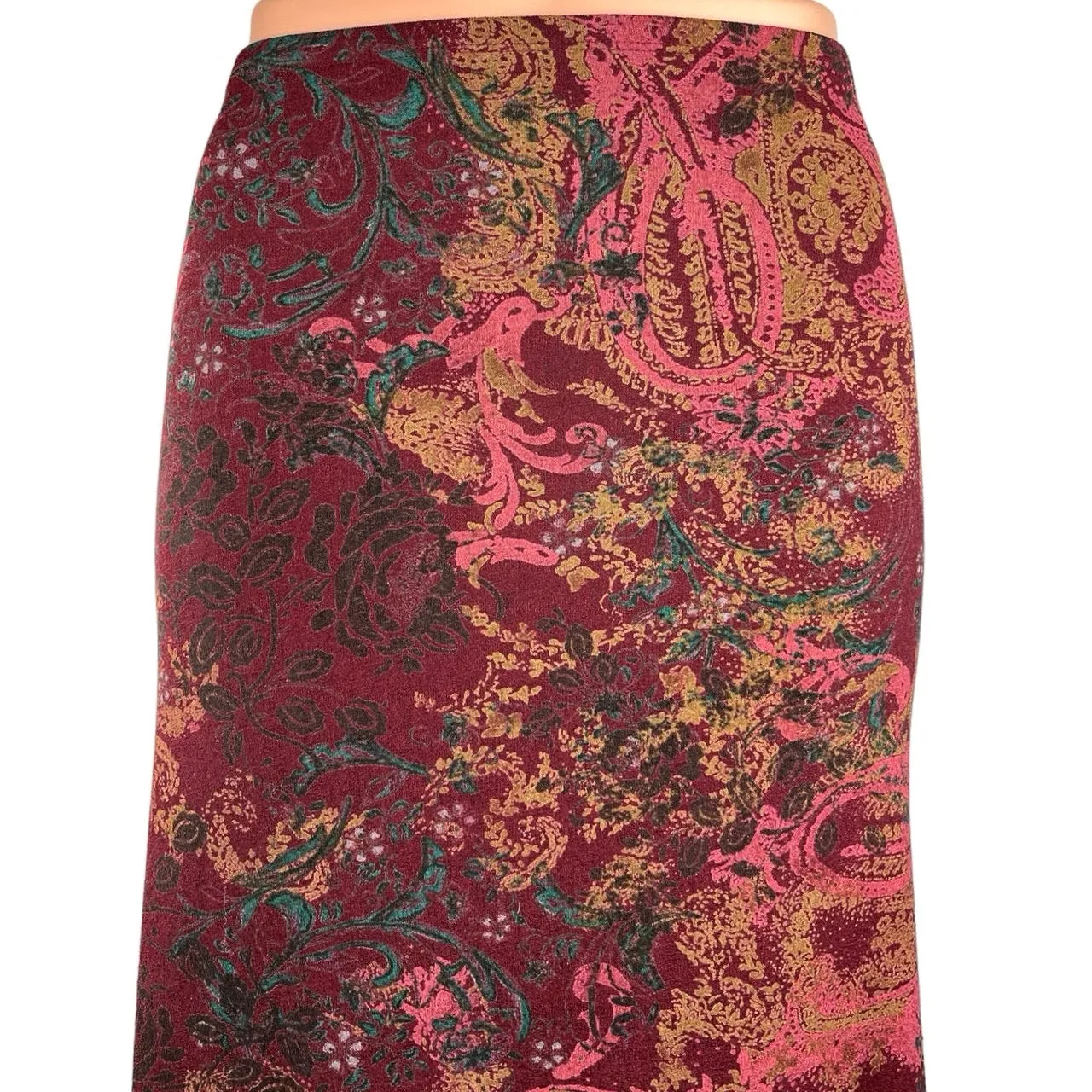 J.Jill Maroon Floral Paisley Asymmetrical Hem Midi Straight Pencil Skirt Size M