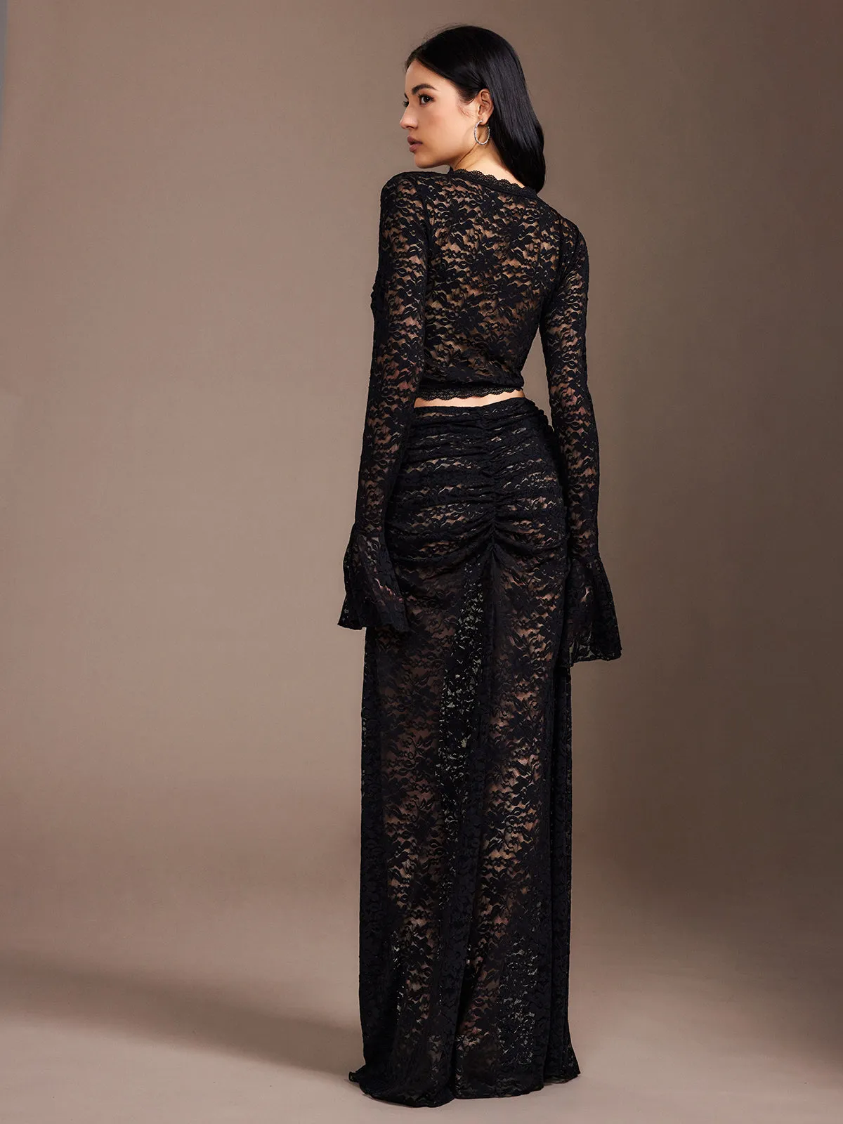 Lace Sheer Pleated Maxi Skirt Set