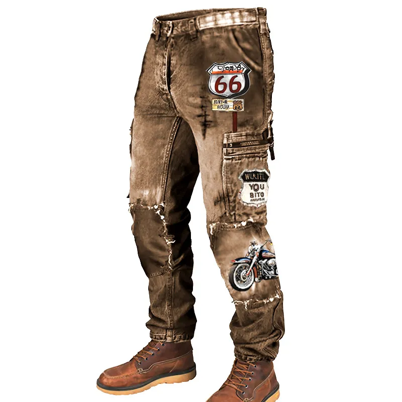 Men's Cargo Pants Route 66 Road Trip Motorcycle Vintage Distressed Utility Outdoor Pants 