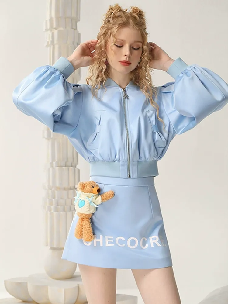 Parka＆Mini-Skirt Casual Letter Balloon-Sleeve Set-Up