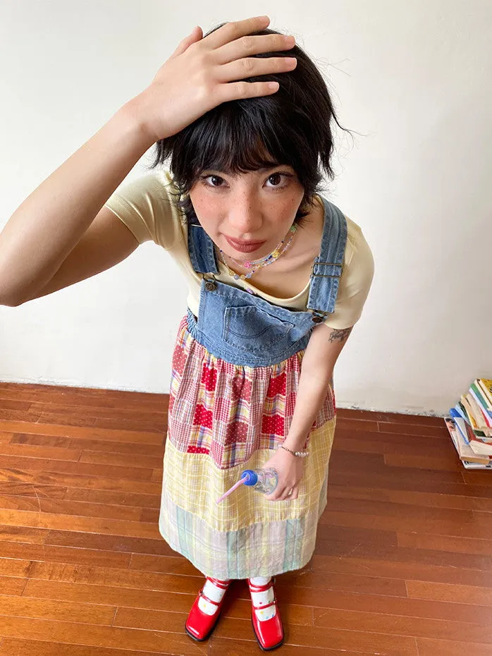 Patchwork Docking Denim Casual Checked Girly Nichi Long One-Piece