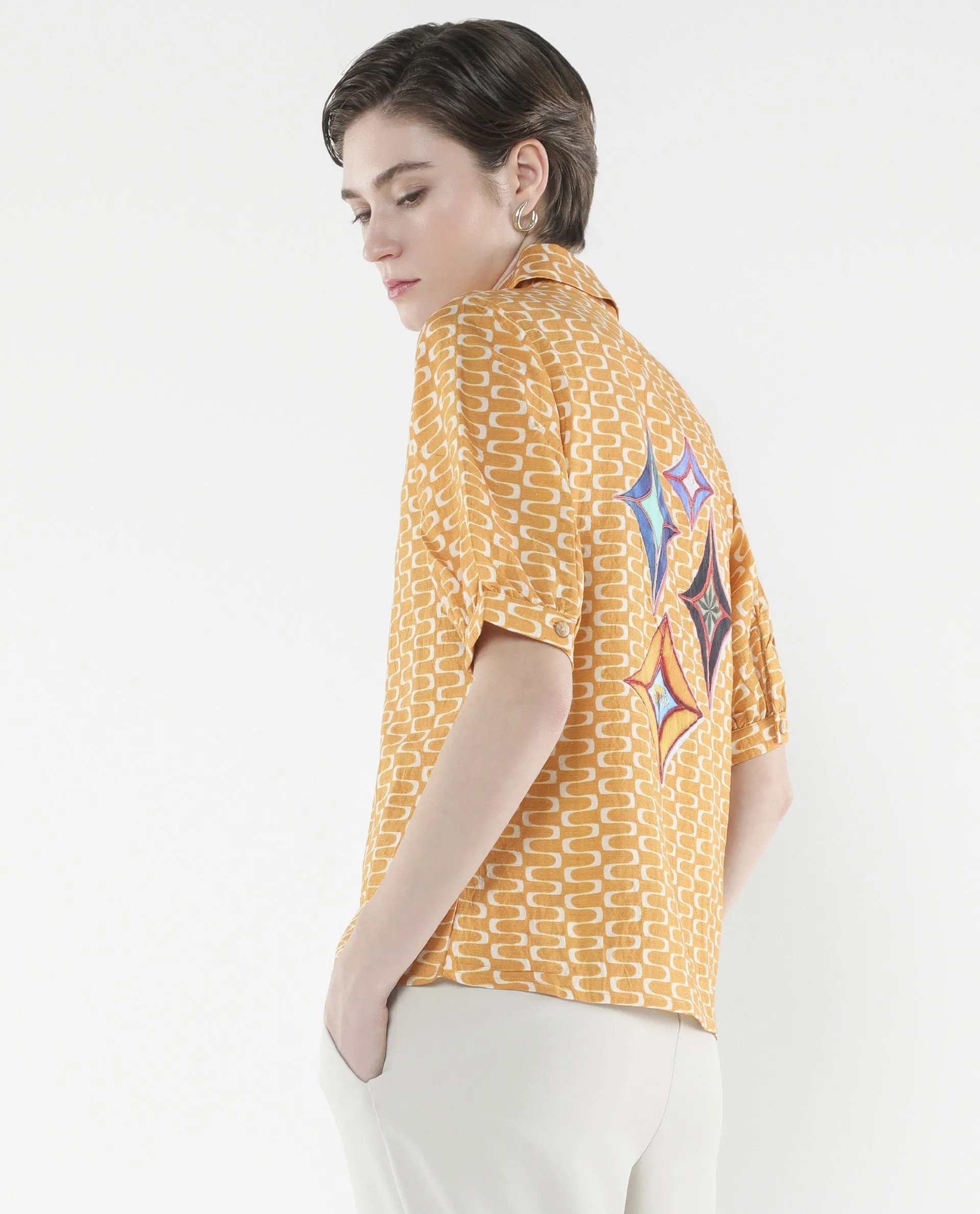 Rareism Women Guno Yellow Nylon Viscose Fabric Bishop Sleeves Collared Neck Button Closure Geometric Print Shirt