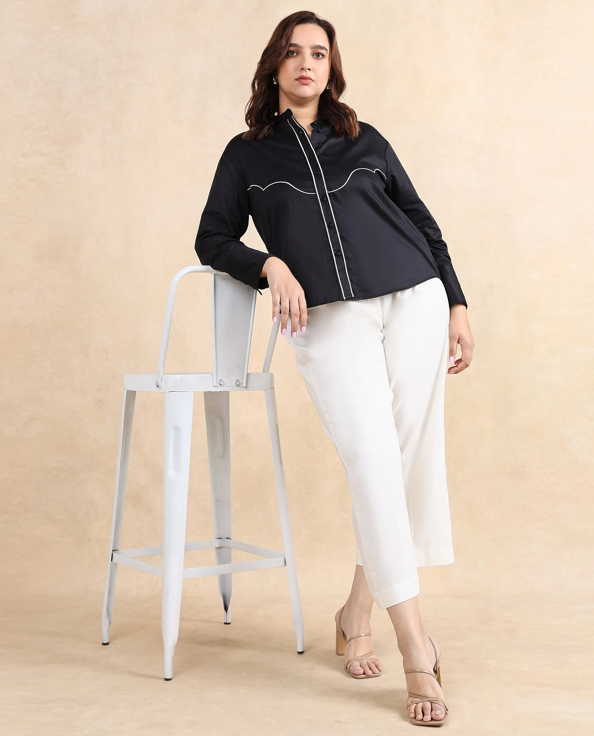 Rareism Women Jujo Dusky Black Cotton Satin Fabric Cuffed Sleeve Mandarin Collar Button Closure Plain Shirt