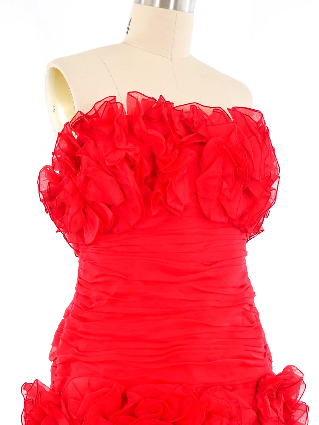 Red Ruffled Strapless Silk Cocktail Dress