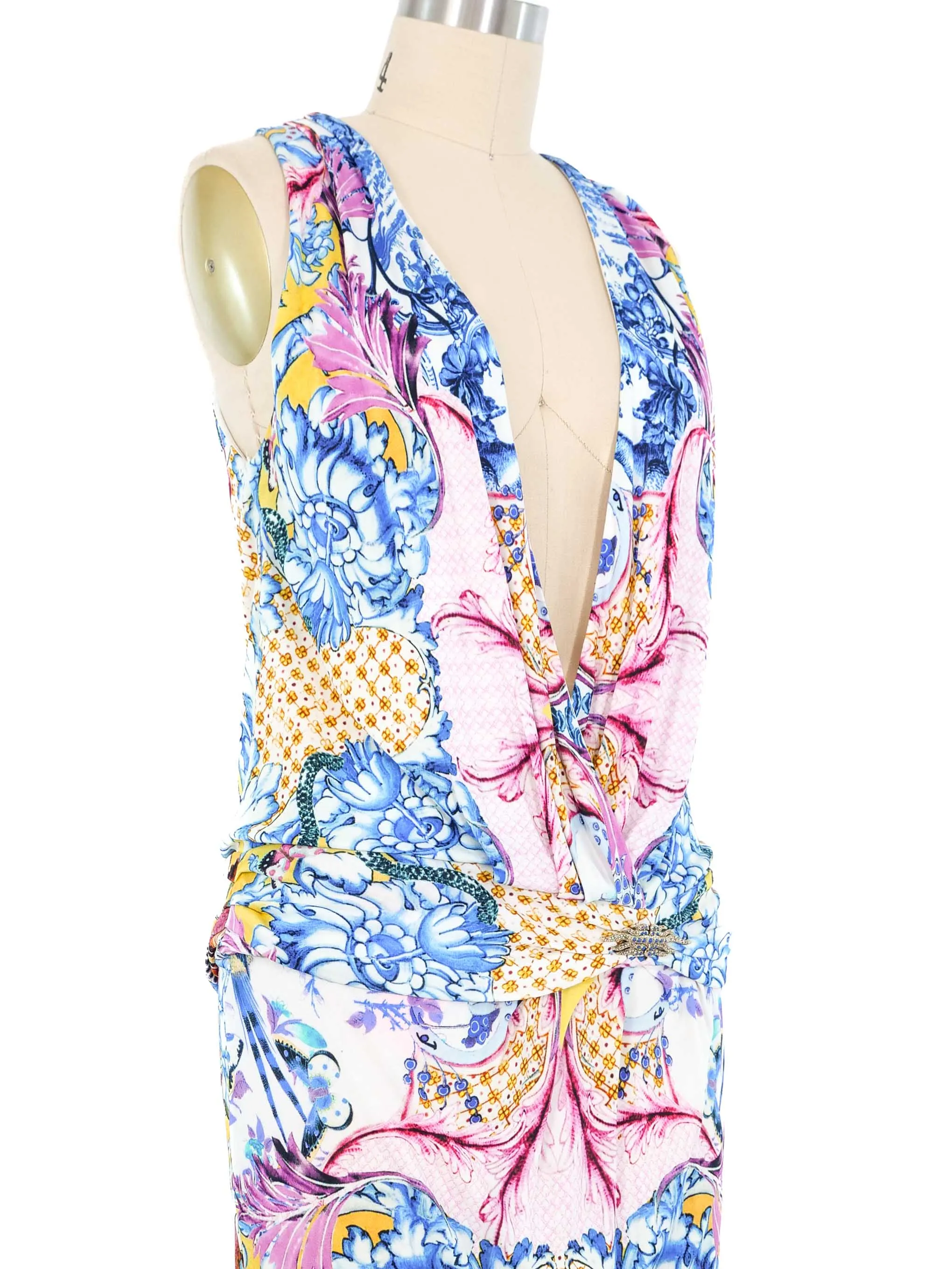 Roberto Cavalli Low Cut Printed Jersey Dress
